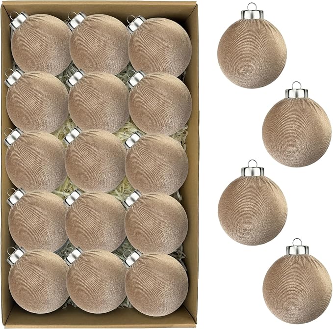 Brown Velvet Christmas Ornaments for Tree 15 PCS, Big Neutral Flocked Christmas Balls Ornaments Set 3.15 Inch, Shatterproof Earth Tone Xmas Hanging Decor for Holiday (Light Brown)