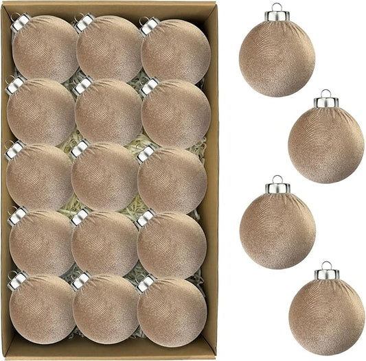 Brown Velvet Christmas Ornaments for Tree 15 PCS, Big Neutral Flocked Christmas Balls Ornaments Set 3.15 Inch, Shatterproof Earth Tone Xmas Hanging Decor for Holiday (Light Brown)