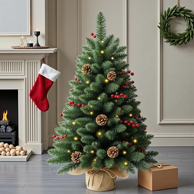 3FT Pre-lit Artificial Small Mini Christmas Tree with Warm White Multi-Color LED Lights, Remote Control and Timer, Perfect for Xmas Tabletop Decorations, Home, Kitchen, Dining Table top