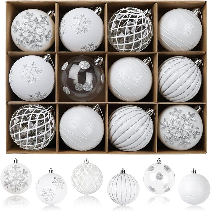 SHareconn 80mm Christmas Balls Ornaments,12PCS Colored Shatterproof Plastic Decorative Hanging Tree Decorations Baubles Set for Xmas Tree Decor Holiday Party Decoration with Lanyard,White&Silver