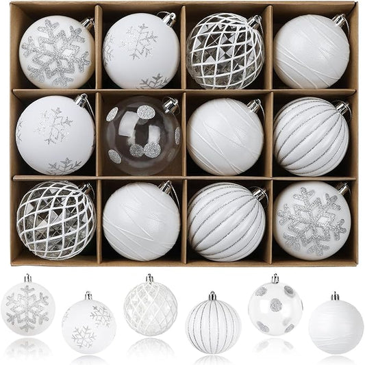 SHareconn 80mm Christmas Balls Ornaments,12PCS Colored Shatterproof Plastic Decorative Hanging Tree Decorations Baubles Set for Xmas Tree Decor Holiday Party Decoration with Lanyard,White&Silver