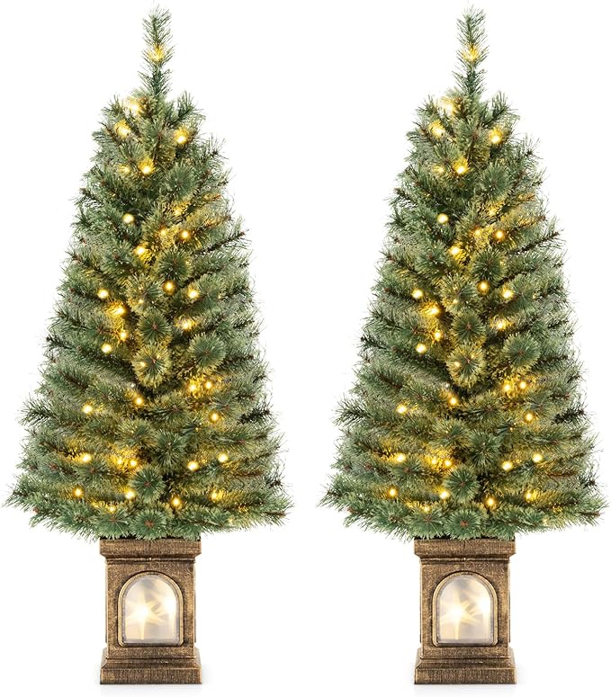 GOFLAME 4FT Pre-Lit Potted Christmas Tree Set of 2, Artificial Entrance Xmas Tree with 100 LED Lights, 116 Branch Tips, Pine Needles, Timer, Holiday Decoration Tree with 3 Lighting Modes, 4 Brightness