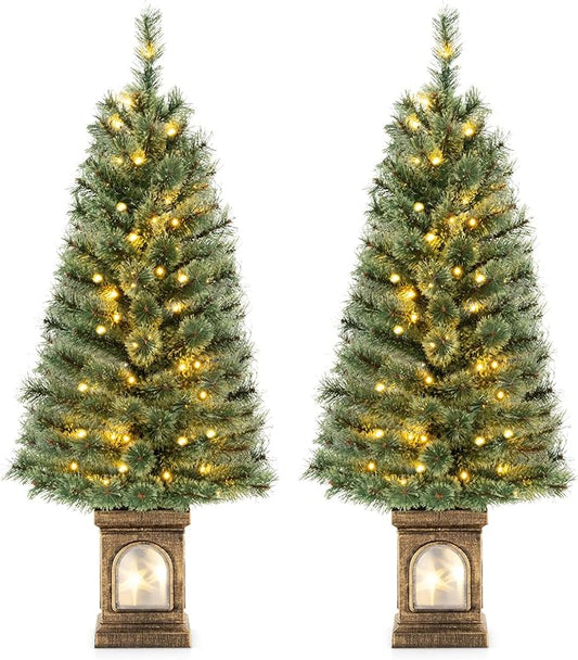 GOFLAME 4FT Pre-Lit Potted Christmas Tree Set of 2, Artificial Entrance Xmas Tree with 100 LED Lights, 116 Branch Tips, Pine Needles, Timer, Holiday Decoration Tree with 3 Lighting Modes, 4 Brightness