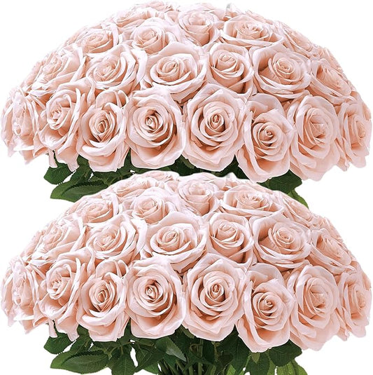 50Pcs Blush Roses Artificial Flowers Artificial Silk Roses Bulk,Fake Roses Flower with Stems Realistic Flowers for Wedding Centerpiece Home Party Decor