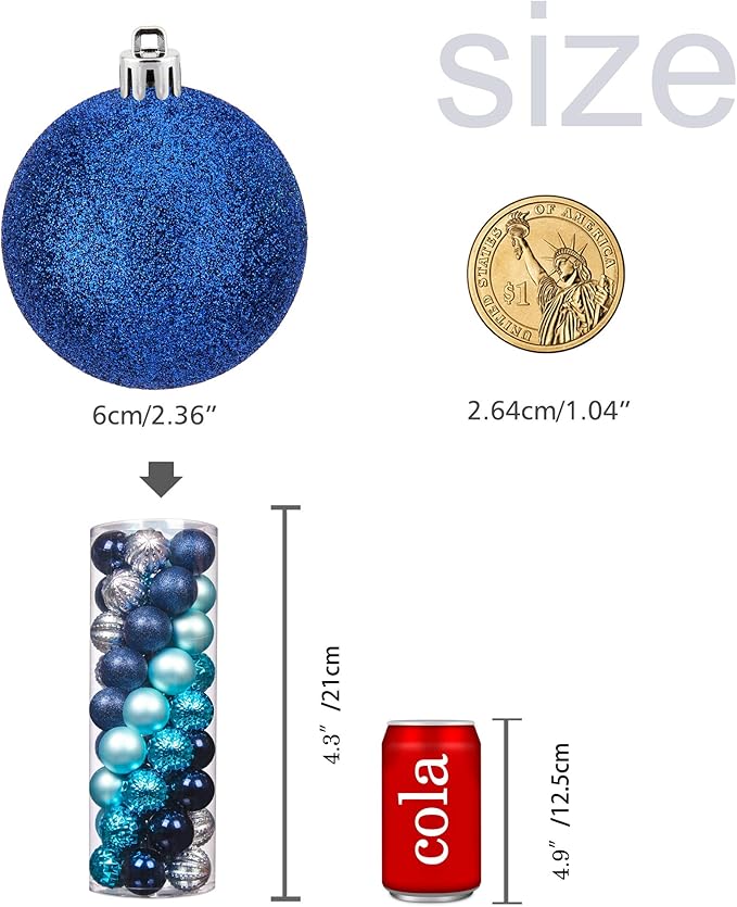 45Pcs 6cm/2.36inch Christmas Balls Glitter Ornaments Set, Shatterproof Plastic Xmas Tree Hanging Ornament, Christmas Decorations Balls for Holiday Festival Wedding House Bar Party(Navy/Blue/Silver)