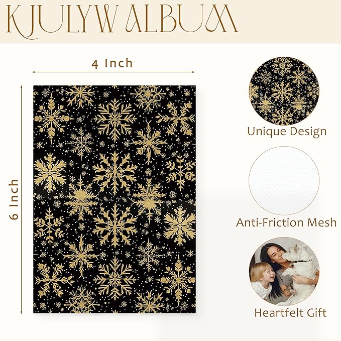 Christmas Photo Albums 4x6 Pictures, Black and Gold Christmas Winter Snowflakes Small Memory Photo Album Book for Baby Family Graduation Wedding Travel Vacation