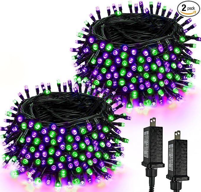 2-Pack 66FT 200 LED Extendable Halloween String Lights, Purple and Green Halloween Decorations Outdoor Indoor Tree Lights,13 Modes Plug in Mini Fairy Lights Waterproof with Timer and Memory Function