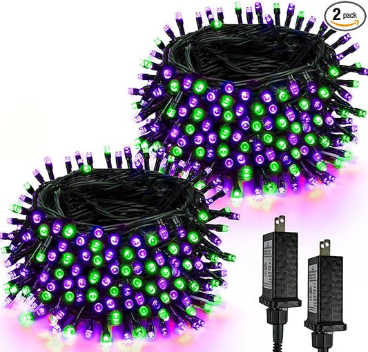 2-Pack 66FT 200 LED Extendable Halloween String Lights, Purple and Green Halloween Decorations Outdoor Indoor Tree Lights,13 Modes Plug in Mini Fairy Lights Waterproof with Timer and Memory Function