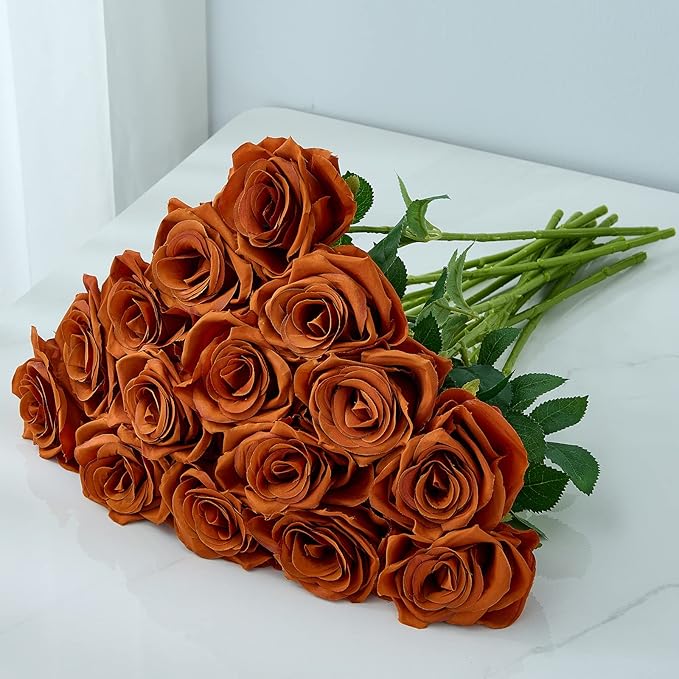 15pcs Burnt Orange Fake Roses Artificial Silk Flowers Faux Rose Flower Long Stems Bouquet for Arrangement Wedding Centerpiece Party Home Kitchen Decor(VASE NOT Included)