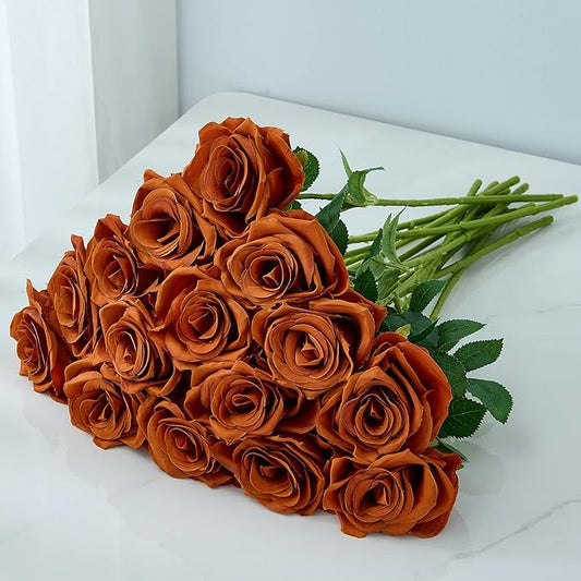 15pcs Burnt Orange Fake Roses Artificial Silk Flowers Faux Rose Flower Long Stems Bouquet for Arrangement Wedding Centerpiece Party Home Kitchen Decor(VASE NOT Included)