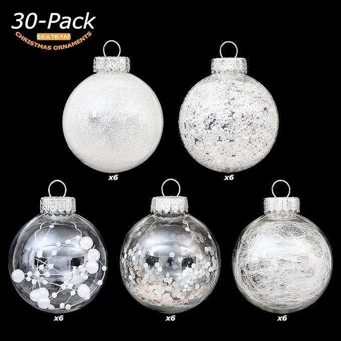 Sea Team Shatterproof Clear Plastic Christmas Ball Ornaments Decorative Xmas Balls Baubles Set with Stuffed Delicate Decorations (60mm/2.36 inch 30-Pack, White)