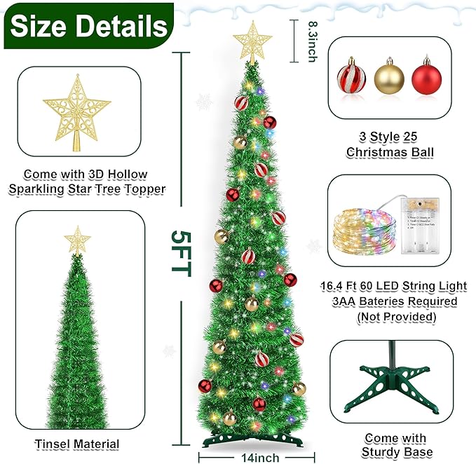 5FT Pop Up Christmas Tree with Timer 60 Warm White & Multi Color Fairy Light 3D Star 25 Ball Ornament, Green Tinsel Christmas Tree Slim Pencil Xmas Tree Home Office Holiday Decor Indoor Outdoor