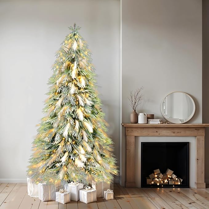 Makenna 6.5ft Snow Flocked Feathery Frosted Prelit Artificial Christmas Tree with 4958 Pampas Tips, 350 Warm Lights and Metal Stand, 40" Wide Realistic Snow Flocked Pine Christmas Tree with Lights