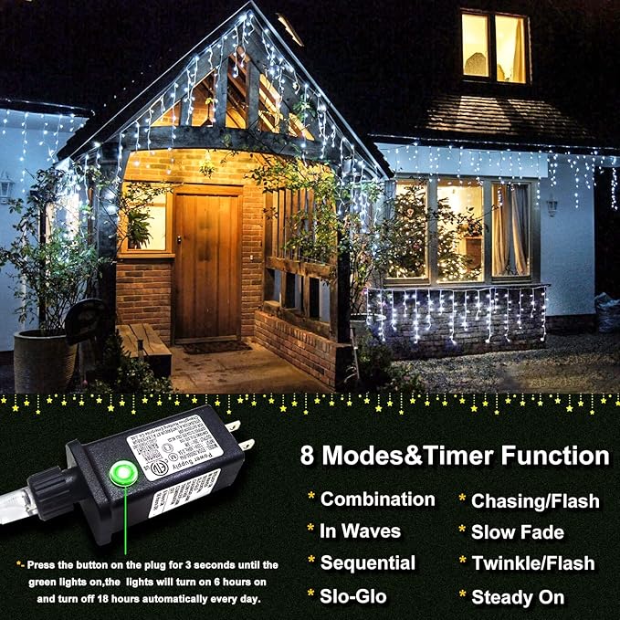 Icicle Lights for Outside 33ft 400 LED Icicle Christmas Lights Outdoor with 8 Modes 75 Drops Waterproof Plug in Fairy Curtain Lights with Timer for Party Holiday Wedding Decorations, Cool White