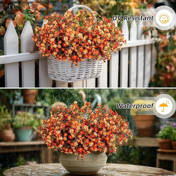 Artificial Daisy Flowers for Outdoor 16 Bundles Faux Daisy Flower UV Resistant No Fade Floral for Home Indoor Outside Garden Porch Window Box Balcony Yard Porch Fall Decor (Orange)