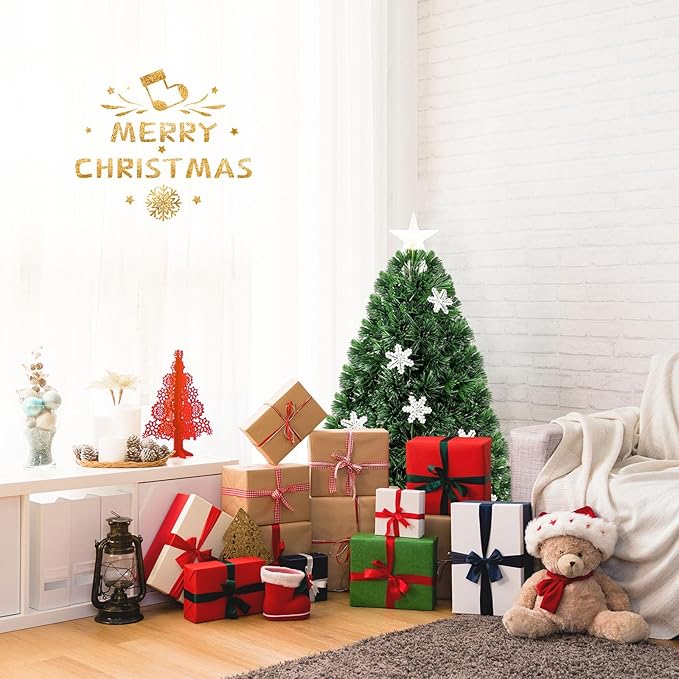 HAPPYGRILL 3FT Pre-lit Fiber Optic Christmas Tree Artificial Xmas Tree Green Christmas Tree with Star Lights, Metal Stand, Full Xmas Tree for Holiday Decoration