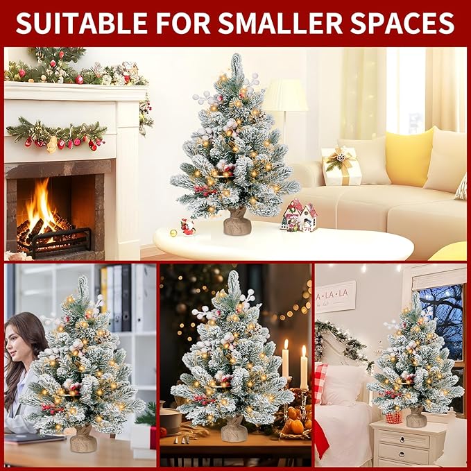 2FT Small Christmas Tree,Flocked Artificial Mini Christmas Tree with Lights,Tabletop Xmas Tree with Ornaments,Christmas Decoration for Party by DNKMOR