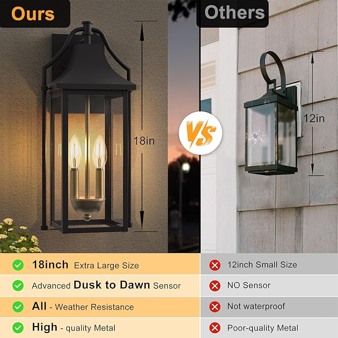 𝟏𝟖𝑰𝑵 Outdoor Wall Sconce Fixture, Dusk to Dawn Patio Lights Waterproof Exterior Lanterns, 2-Light Modern Wall Lights Mounted with Glass, Black Outside Light for House Front Door Decor