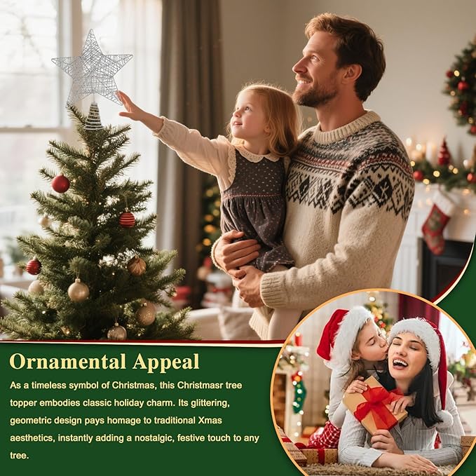 Christmas Tree Topper, 10" Glittering Xmas Star Treetop for Holiday Indoor Ornament Christmas Tree Decoration(Silver)