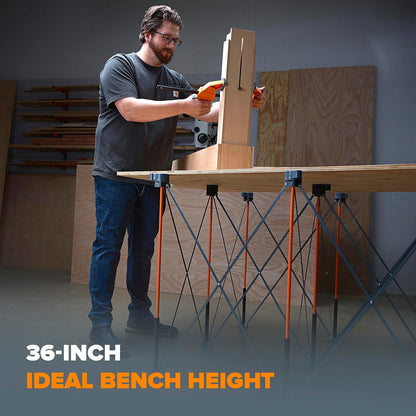 BORA Centipede CT9 36 inch Tall Portable Folding Workstand Workbench with Carry Strap, Collapsible, Construction Table, Support, Sawhorse, 4Ft X 4Ft, 36 inch Work Height, 3500lb Weight Capacity,Orange