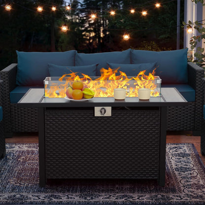 Rattaner 45 Inch Fire Table for Outside 60000 BTU Steel Gas Pit Outdoor with Woodgrain Marble Tabletop Glass Wind Guard Cover and Blue Crystal Beads