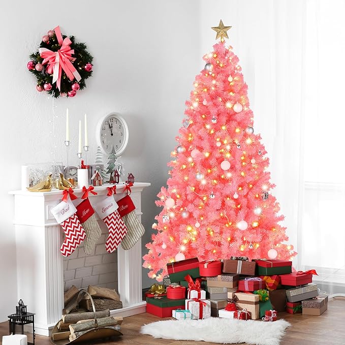 VINGLI 6ft Pink Pre-lit Artificial Christmas Pine Tree with 250 Warm White Lights, Xmas Tree Holiday Party Decorations with Sturdy Metal Stand, Full 900 Tips Branch, 8 Color Modes
