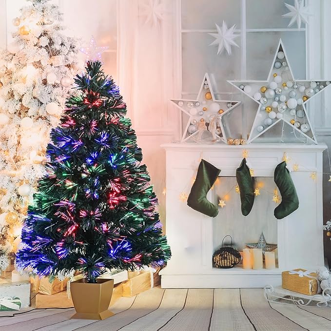 3ft Green Fiber Optic Christmas Tree,Pre-Lit Artificial Mini Christmas Tree, Tabletop Small Xmas Tree with Stars Holiday Home Decorations