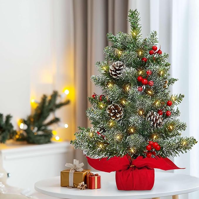 22 Inch Tabletop Christmas Tree with Lights Timer, Snowy Artificial Small Christmas Trees Battery Operated 30 Warm Lights Red Berries Pine Cone Stable Base Mini Tree Xmas Decorations Indoor Holiday