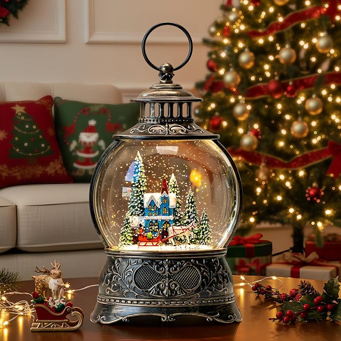 Christmas Snow Globes Christmas Water Lantern with Carriage Blue Church, Music & 6H Timer, USB Lined/Battery Operated Lighted Lanterns for Xmas Festival Decoration Gifts