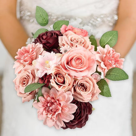 30 Pcs Artificial Flowers Combo Red Flowers Mix Silk Flowers Dahlia Roses with Stems for DIY Wedding Bridal Bouquets, Baby Shower, Floral Arrangement, Table Centerpieces, Home Decorations.