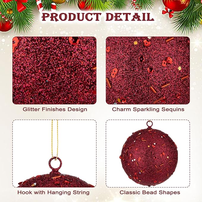 3.15" Large Christmas Balls Ornaments 6 Pcs Shatterproof Big Burgundy Red Christmas Ornaments for Xmas Tree Bulk Glitter Big Xmas Tree Ornament for Trees Halloween Holiday Wedding Party Decoration