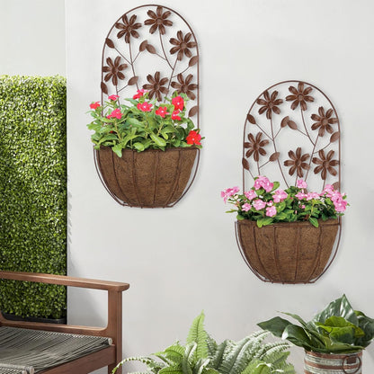 BAYN 2PKs Wall Hanging Planter Decor Art with Flower, Metal Wall Mounted Planters Indoor Outdoor Wall Planter for Succulent Herb Home Garden Yard