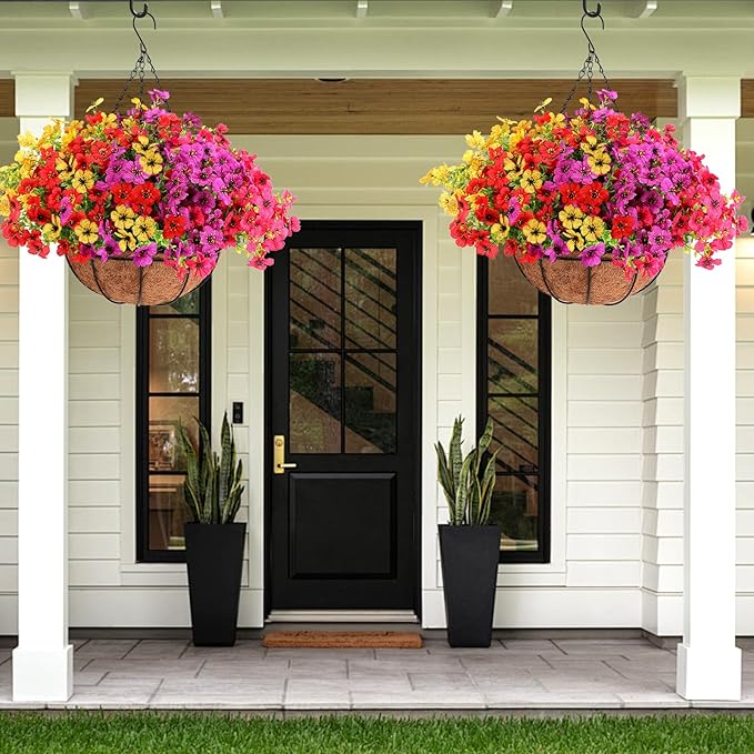 Geegoods 2 Set Artificial Hanging Plants Flowers Basket for Outdoor, Fake Faux UV Sun Resistant Look Real Colorful Violet Hanging Flowers for Spring Summer Porch Home Patio Balcony Yard