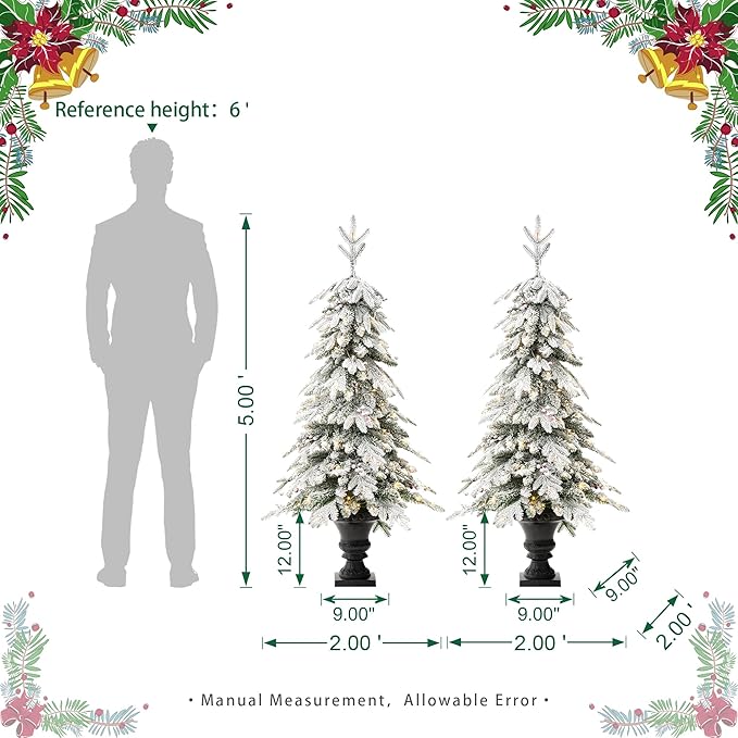 Glitzhome Christmas Porch Tree Set of 2, 5ft Prelit Artificial Christmas Tree with 150 Warm White Lights and 480 PE&PVC Branch Tips, Flocked Potted Christmas Tree for Xmas Indoor Outdoor Decor