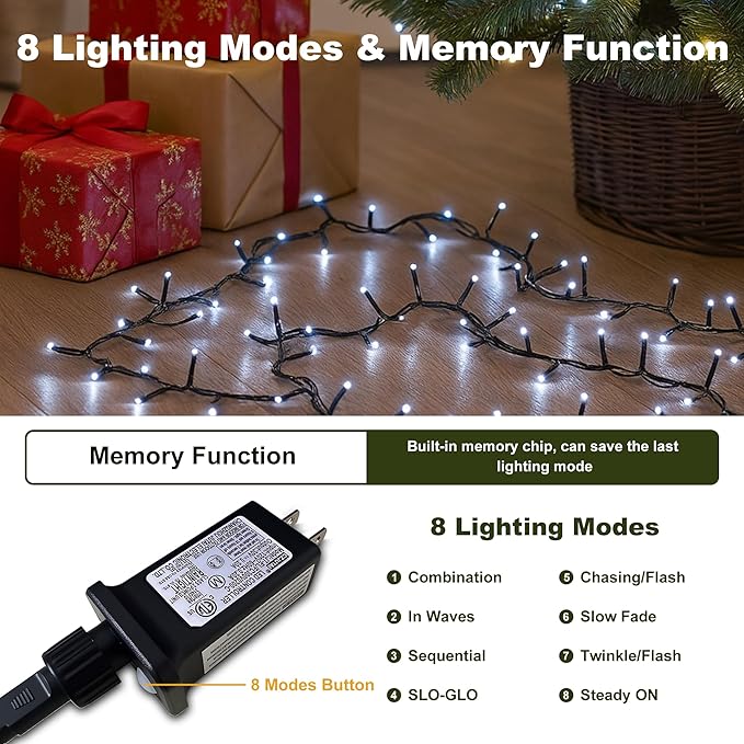 String Lights Outdoor & Indoor, 2Pack 600 LED Christmas Lights, 210ft Plug-in Waterproof Twinkle Light with 8 Modes for Xmas Tree Halloween Wedding Party Garden Patio Decorations(White)