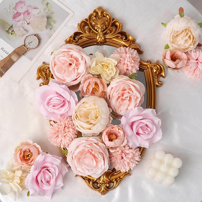 30 Pcs Peonies Artificial Flowers Pink Silk Roses Bulk for DIY Wedding Bouquet Bridal Shower Decorations Fake Floral Arrangements Party Table Centerpieces Home Decor Indoor Blush Peach Box