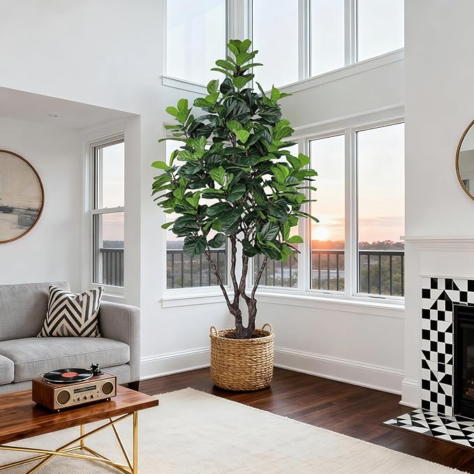 8FT Faux Fiddle Leaf Fig Tree, Large Artificial Plants Indoor Ficus Lyrata Trees, Realistic Fake Tree in Pot Floor Plant for Home Decor Office Christmas Housewarming Gift