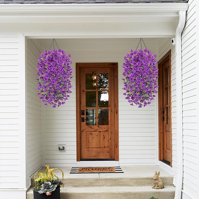Rich and Eye-catching 5 PCS Artificial Hanging Flowers，Silk Morning Glory Faux Flowers with Eucalyptus Leaves,uv Resistant Fake Hanging Petunias Plants for Yard Decoration(Purple)
