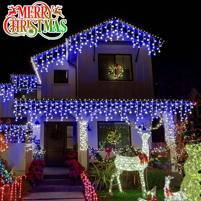 Heceltt Christmas Lights Outdoor, 49FT 480 LED Ice Lights for Outside, 90 Drops Ice String Lights with 8 Modes, Waterproof Timer & Memory for Yard, Garden, Eaves, Patio, Party (Blue and Cool White)