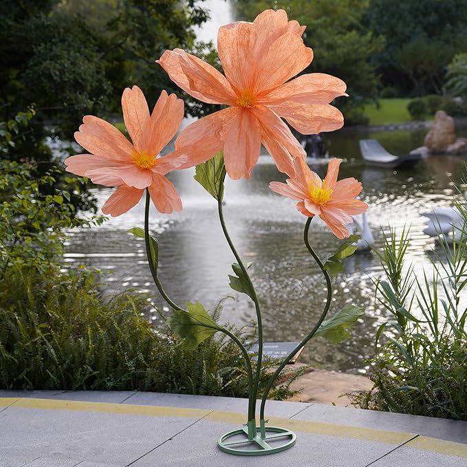Artificial Giant Flowers for Decoration,Large Paper Daisies Flowers with Stems and Stands Base,Big Flower Decor for Wedding Birthday Party Garden, Party Banquet Background Decor (Orange)