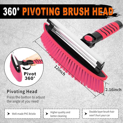 METOWARE 44'' Snow Brush and Ice Scrapers for Car Windshield, Extendable Snow Brush for Car with Ergonomic Foam Grip and 360° Pivoting Brush Head for Car SUV Truck Pink