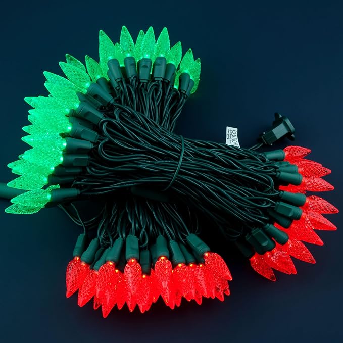 YULETIME Red and Green One-Piece C6 Strawberry Christmas Lights 140 Count 71 Feet, 2 Sets 70 LED 35.5 ft High Waterproof UL Certified String Light (Red & Green)