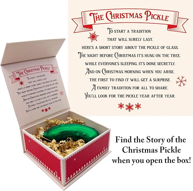 German Christmas Pickle Ornament Tradition – Handcrafted Green Glass Christmas Tree Ornament – Gift Boxed with Story & Legend – Holiday Keepsake Gift
