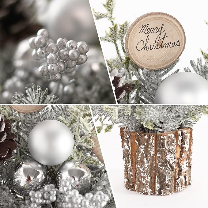 Super Holiday Small Winter Christmas Tree, Artificial Mini Tabletop Christmas Tree Decorations with Christmas Ornaments, for Home Party Thankgivings Christmas Decor, Silver/White-Indoor.