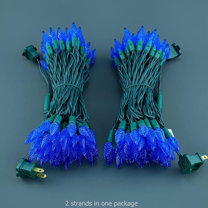 YULETIME Blue One-Piece C6 Strawberry Christmas Lights 140 Count 71 Feet, 2 Sets 70 LED 35.5 ft High Waterproof UL Certified String Light (Blue)