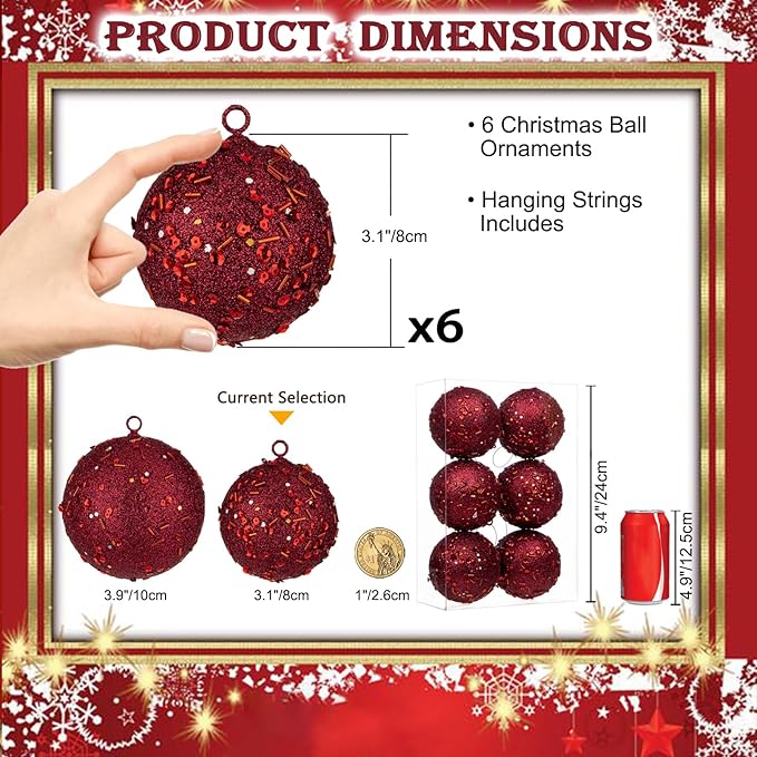 3.15" Large Christmas Balls Ornaments 6 Pcs Shatterproof Big Burgundy Red Christmas Ornaments for Xmas Tree Bulk Glitter Big Xmas Tree Ornament for Trees Halloween Holiday Wedding Party Decoration