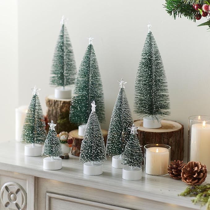 JOYIN 8 Pcs Mini Xmas Decor with LED Lights, Prelit Classic Small Christmas Tree in 4 Sizes with Star Topper, Tabletop Artificial Tree with Snow for Xmas Indoor Home Decor Holiday Festive (Green)