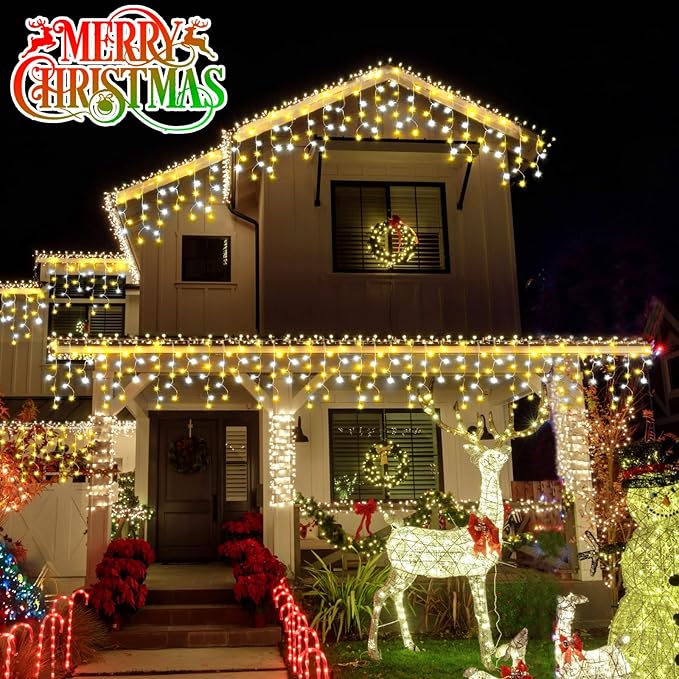 49FT 480 LED Ice Lights for Outside House - Clear Wire Twinkle Lights with 8 Modes Timer - Waterproof for Christmas Party, Tree, Holiday, Patio, Yard, Home Decor (Cool White and Warm)