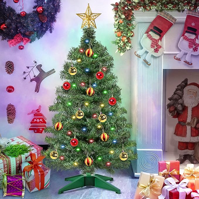 [ Timer & 12 Modes ] 3 Ft Green PVC Christmas Tree with 50 Multi Color Lights DIY 15 Ball Ornaments 3D Star Small Artificial Xmas Tree for Indoor Holiday Party Decorations