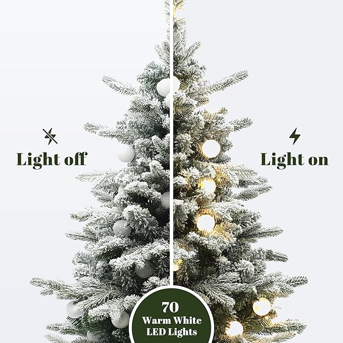 LuxenHome 4FT Small Potted Christmas Tree, Flocked Christmas Tree with 70 LED Globe Lights, Prelit Artificial Xmas Trees with Rustic Urn Pot, Lighted Pine Tree for Indoor, Outdoor Holiday Display